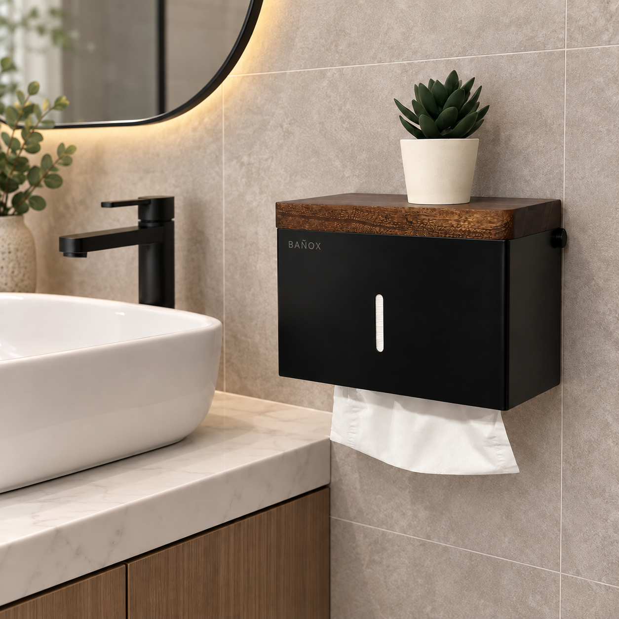 BAÑOX Wall-Mounted Tissue Dispenser with Movable Mahogany Shelf – Black