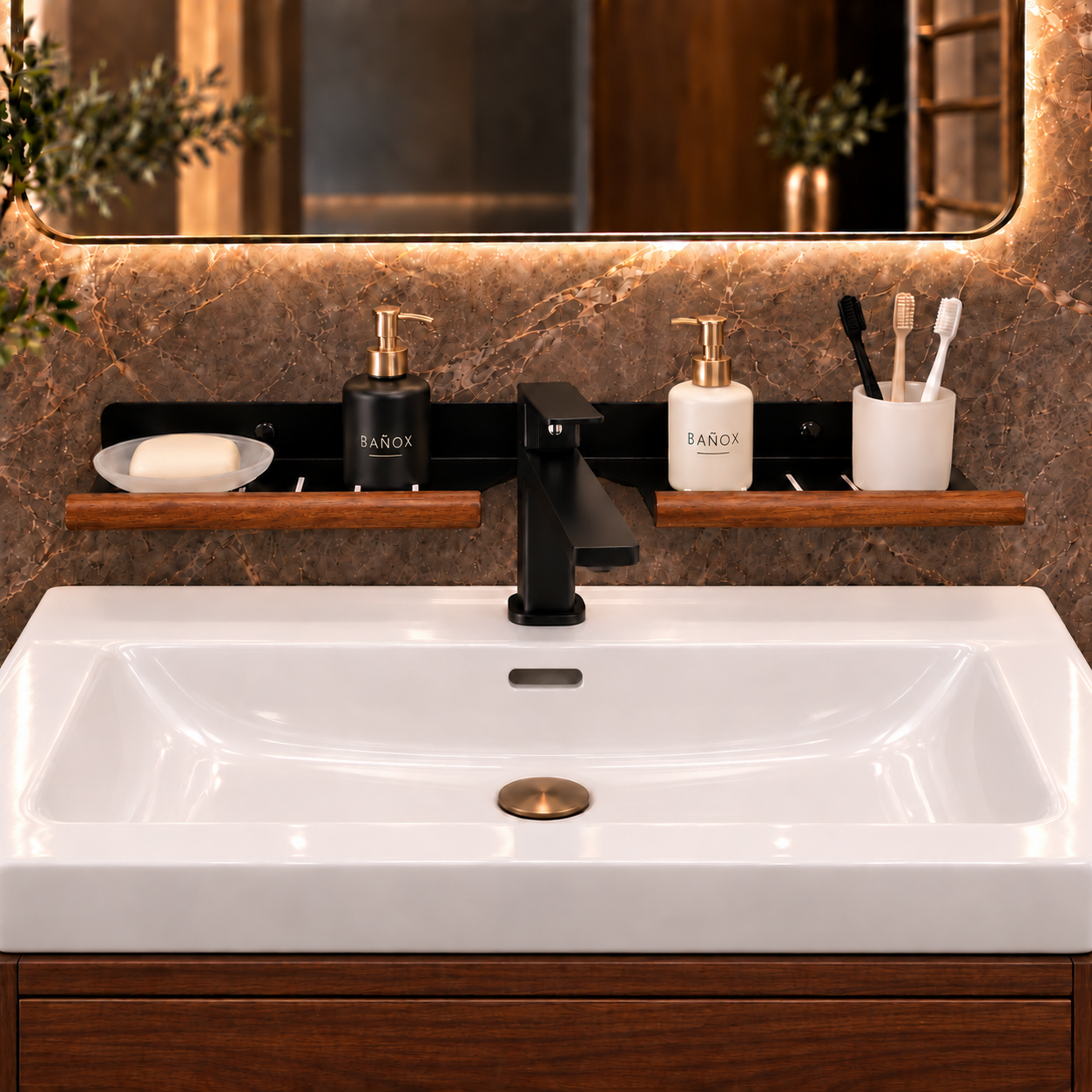 BAÑOX Wall-Mounted Sink Organizer with Soap Dish & Toothbrush Holder – Black & Mahogany
